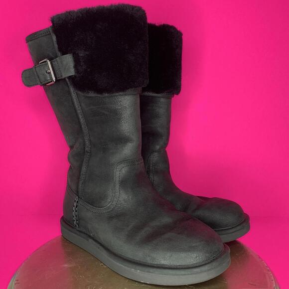 UGG Willow Black Leather Fur Cuff Tall Boot Sz 7 - Picture 1 of 7